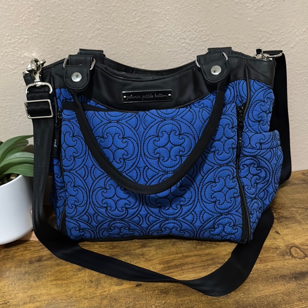 Petunia Pickle Bottom Blue Patterned Diaper Bag with built in changing pad